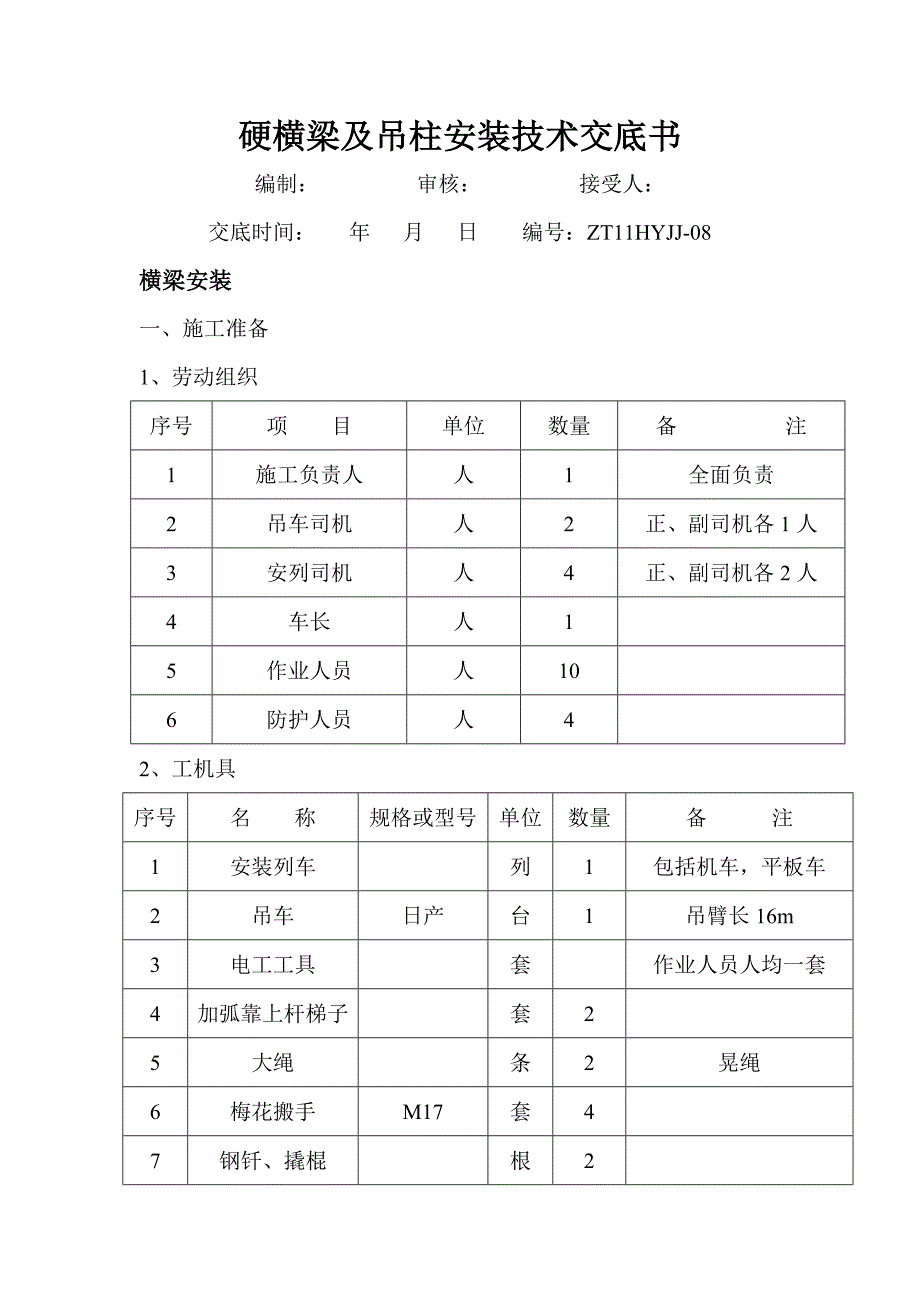 硬横梁及吊柱安装技术交_第1页