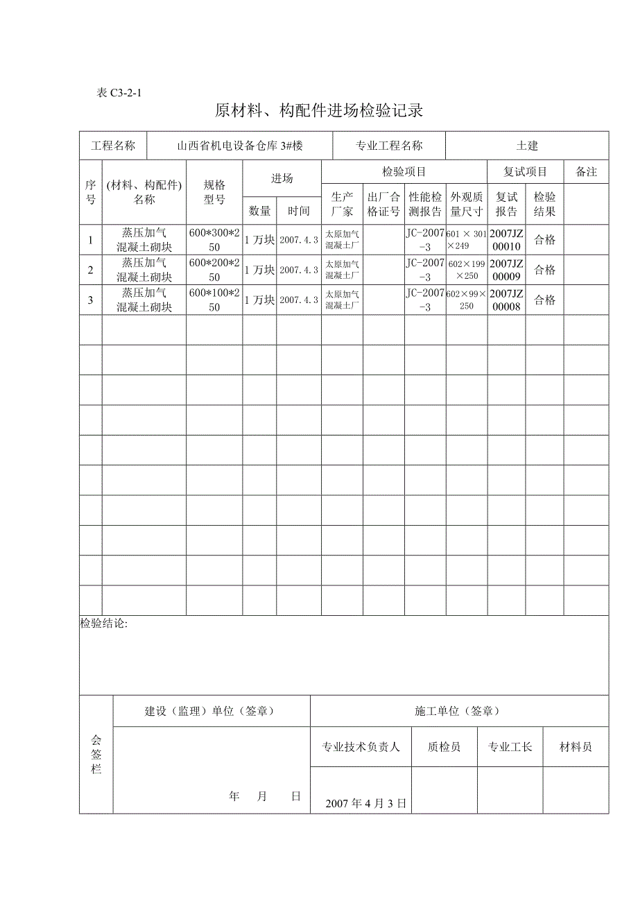 原材料、构配件进场检验记录加气块_第1页