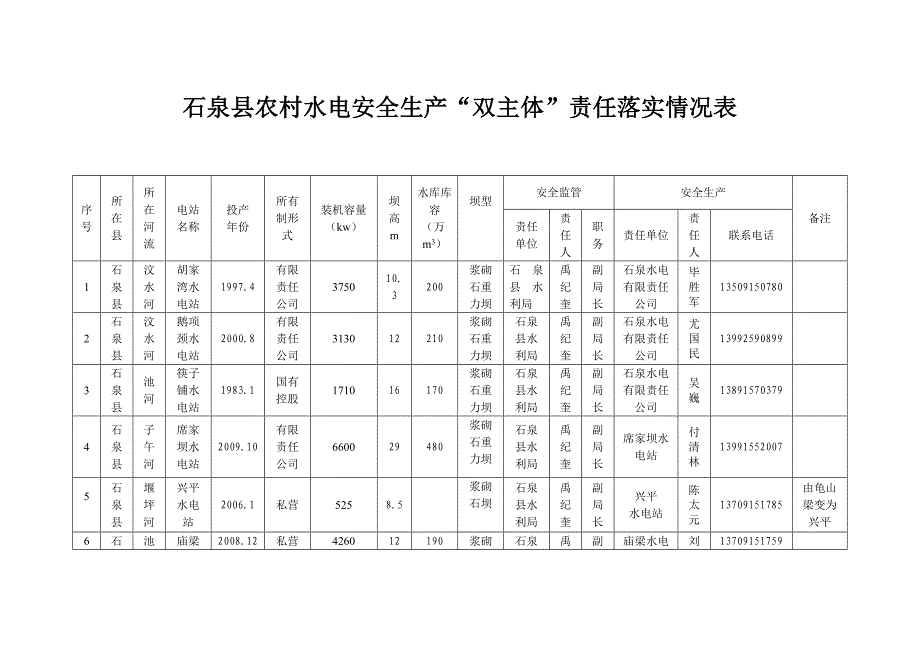 石泉县农村水电安全生产双主体责任落实情况表_第1页