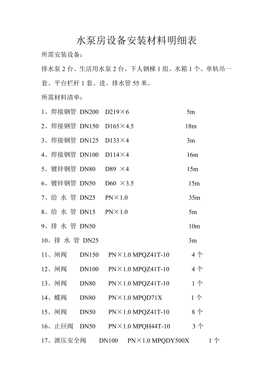 水泵房设备安装清单_第1页