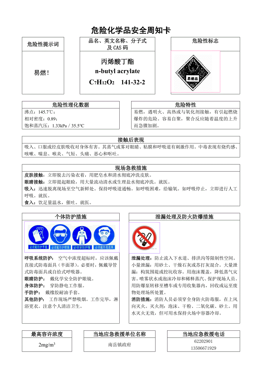 丙烯酸丁酯安全周知卡09年_第1页