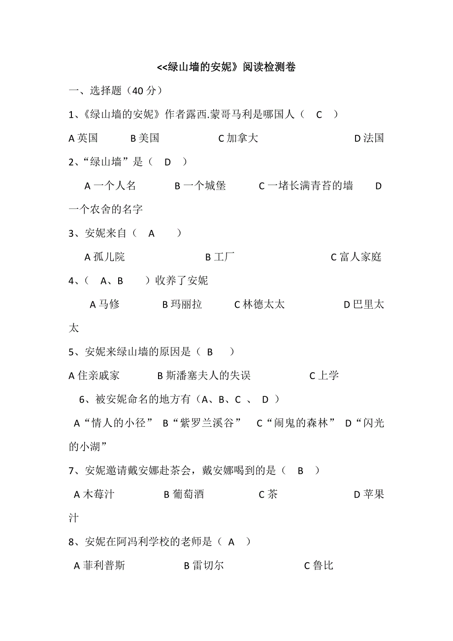 绿山墙的安妮必读书目阅读检测题及答案_第1页