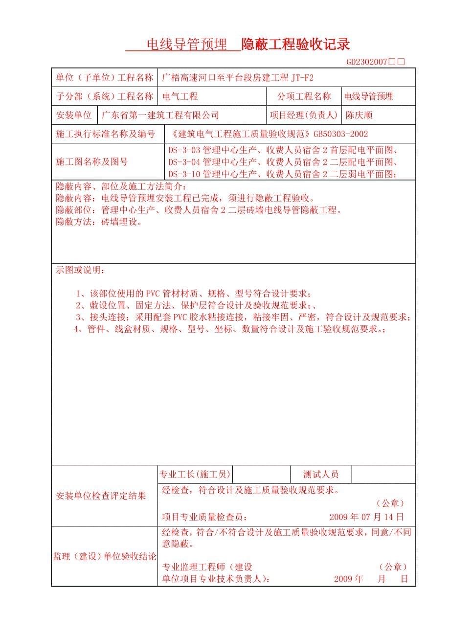 砖墙 pvc线管隐蔽工程验收记录(安装)_第5页