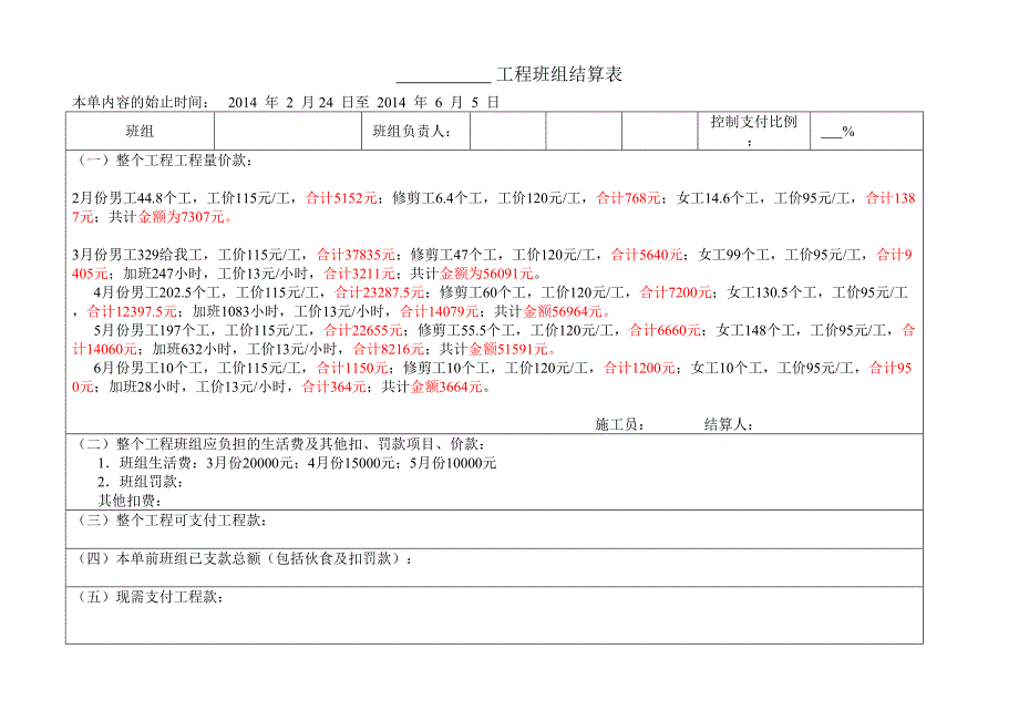 工程班组结算表_第1页