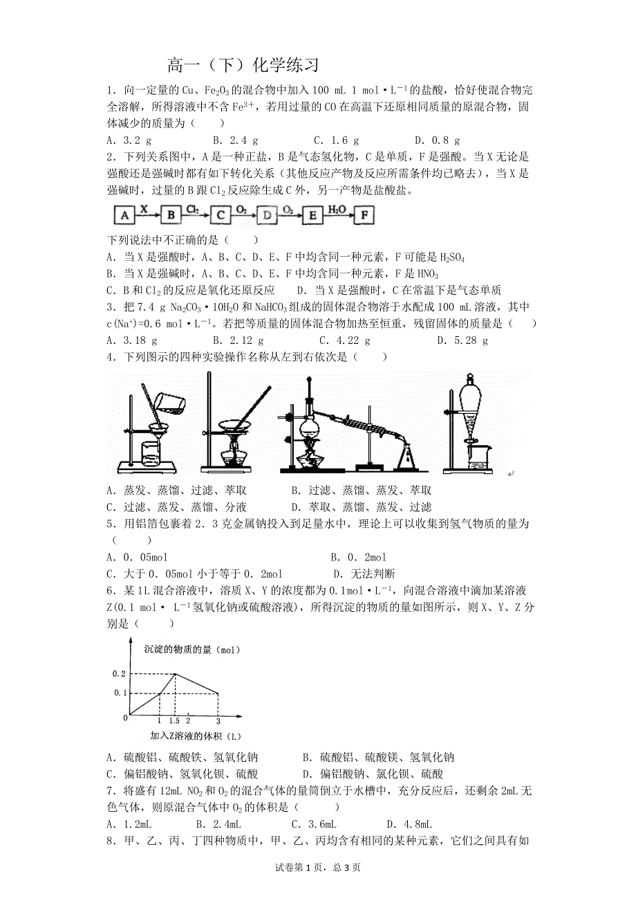 高一（下）化学练习试题_第1页