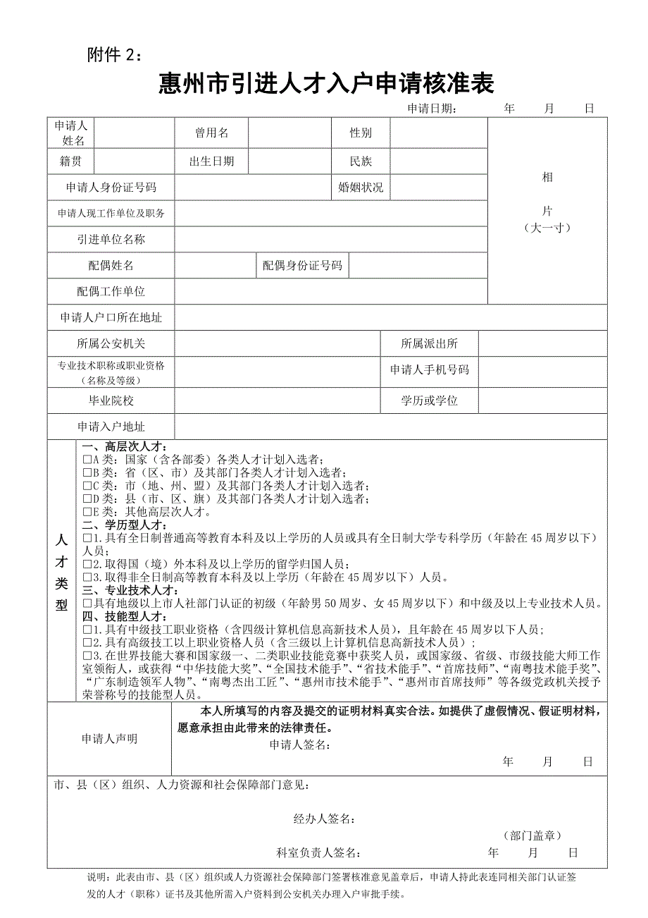 惠州市引进人才入户申请核准表_第1页