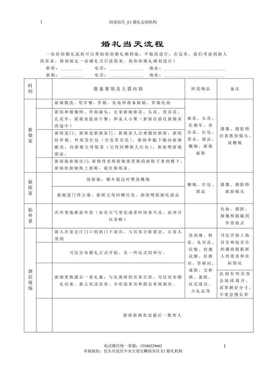 包头婚礼当天流程和婚礼人员明细表格_第1页