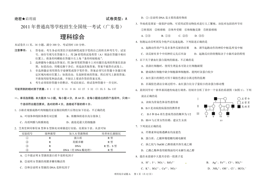 2011年广东省理综试卷超清晰珍藏版(含物理、化学、生物,附答案和详解)_第1页