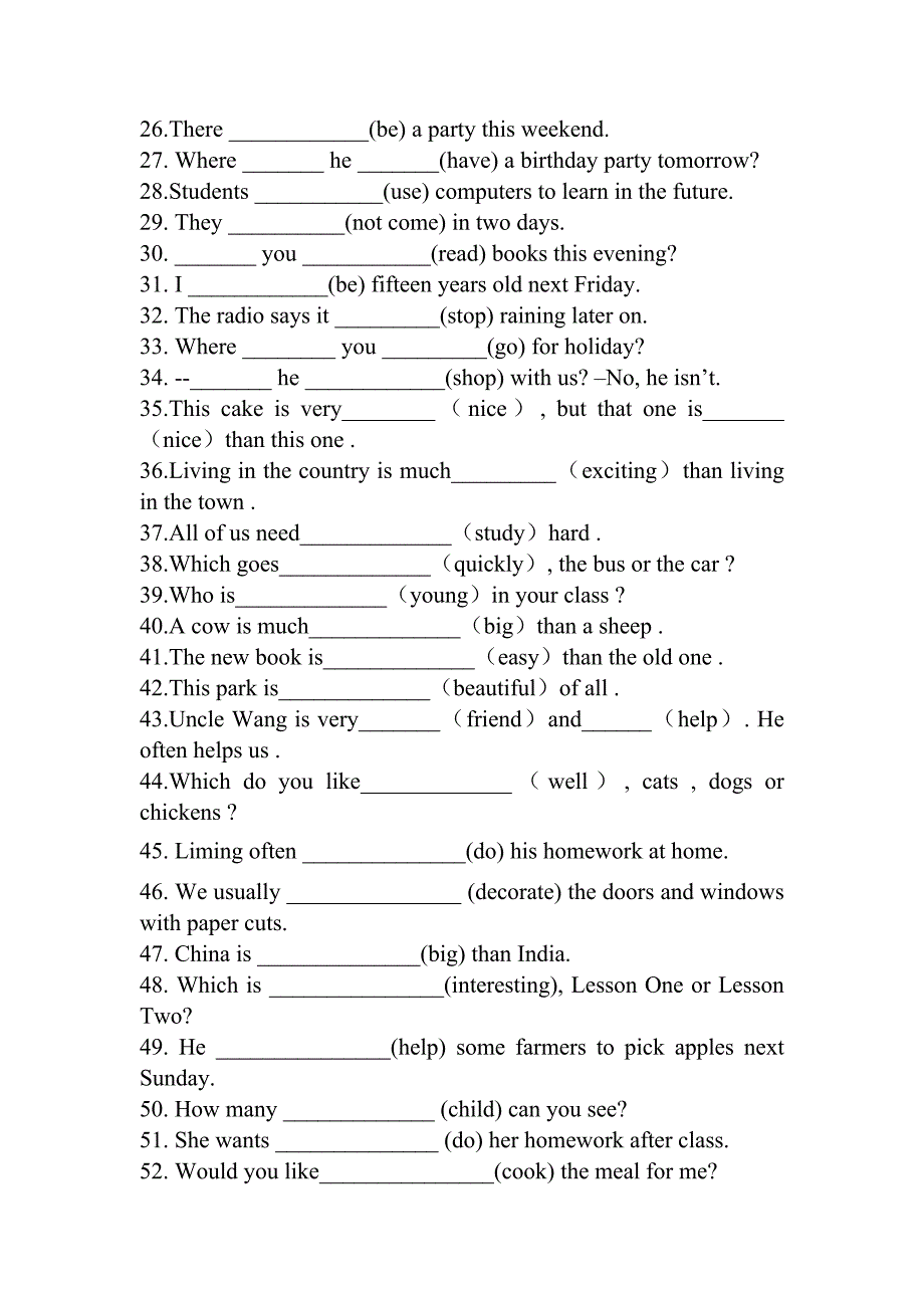 外研版英语七年级下期中词型及句型转换训练题(附答案)_第2页