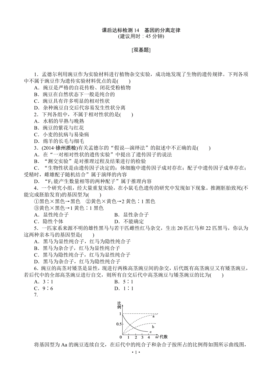 2015届《优化方案》高考生物(苏教版)一轮课后达标检测14 基因的分离定律_第1页