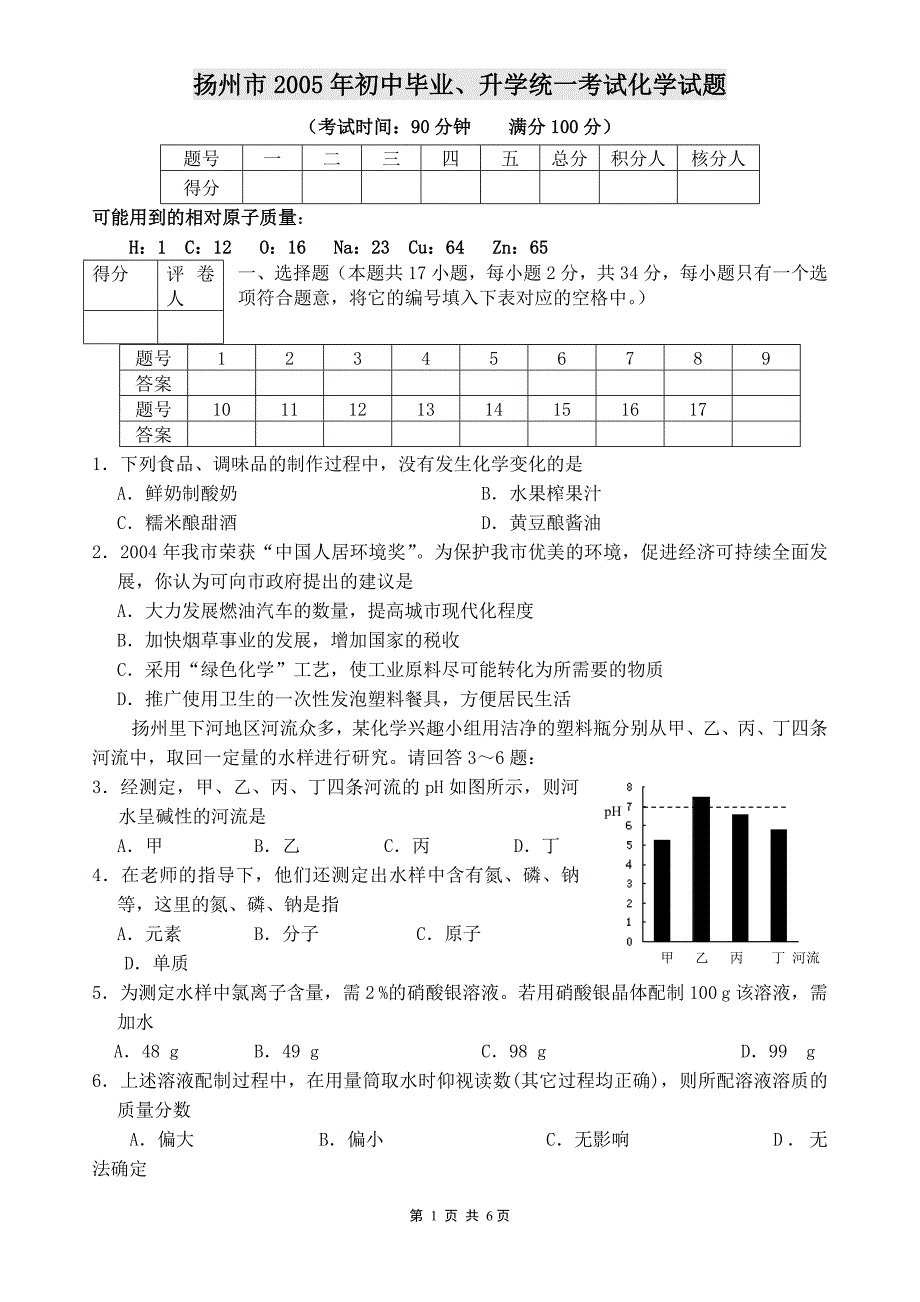 扬州市2005年初中毕业、升学统一考试化学试题_第1页