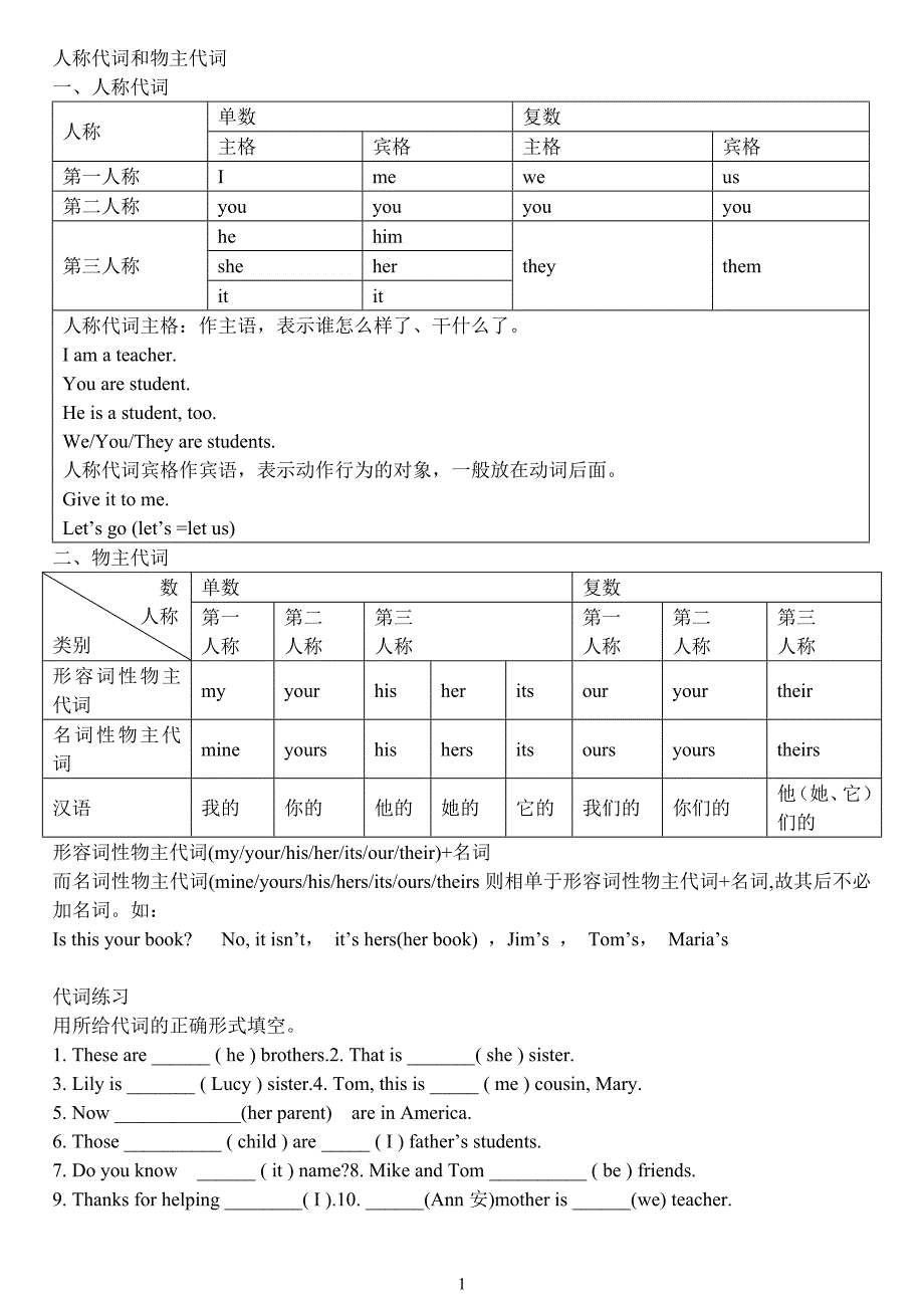 七年级英语人称代词和物主代词专项练习_第1页