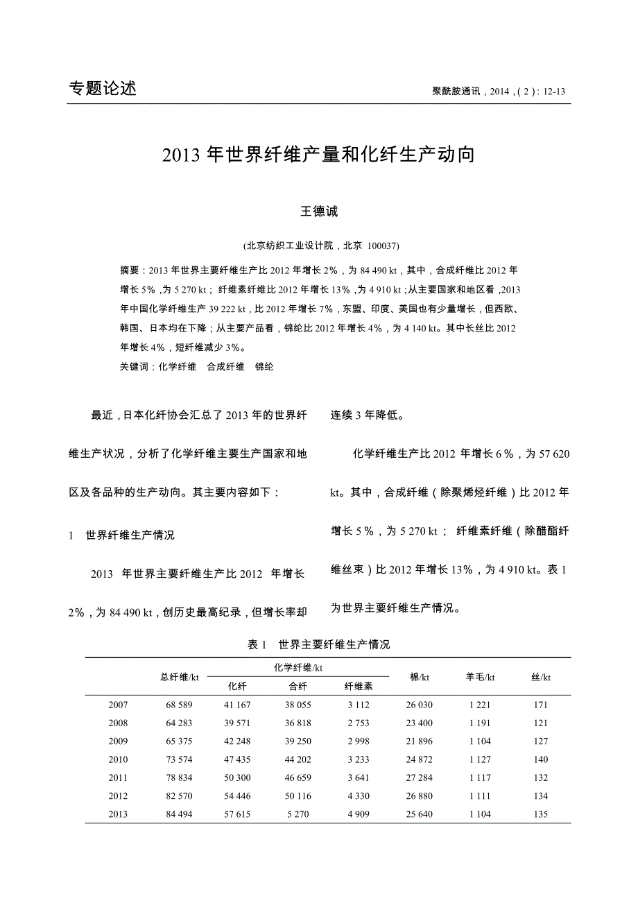 2013年世界纤维产量和化纤生产动向_第1页