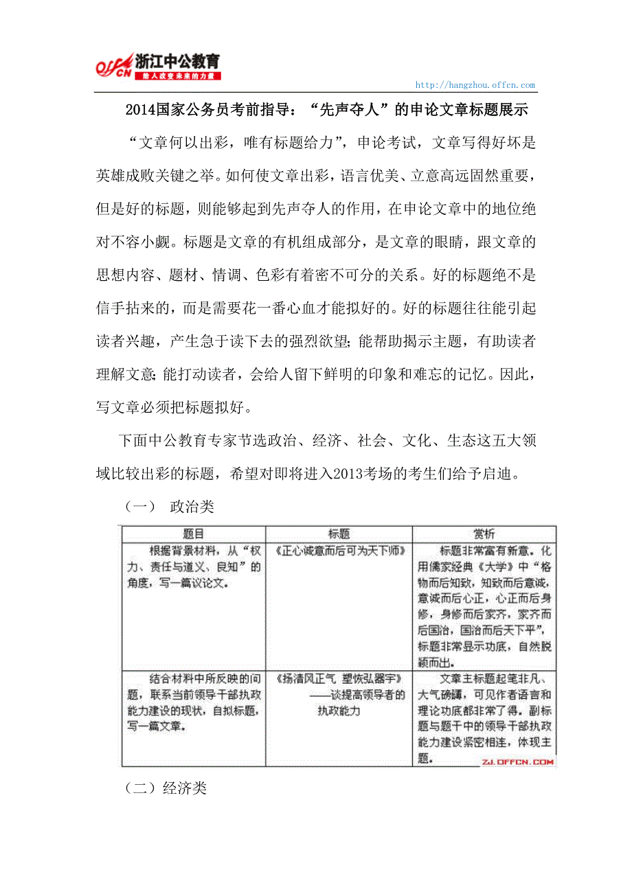 2014国家公务员考前指导：“先声夺人”的申论文章标题展示_第1页