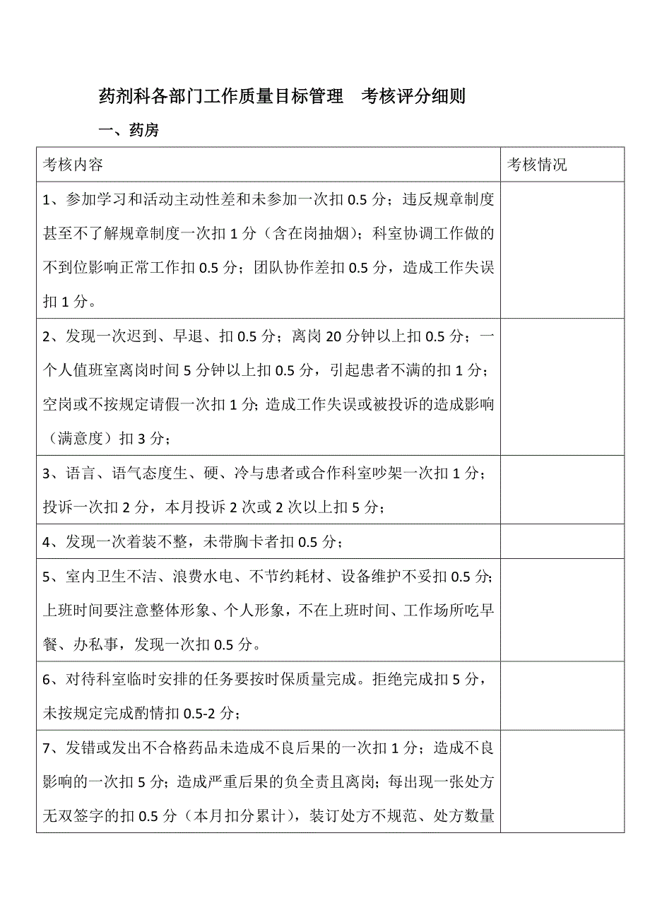 药剂科各部门工作质量目标管理  考核评分t(全面2014)_第1页