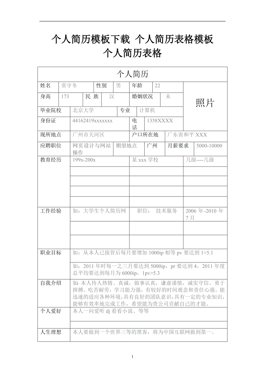 大学生个人简历模板、个人简历表格模板精选_第1页