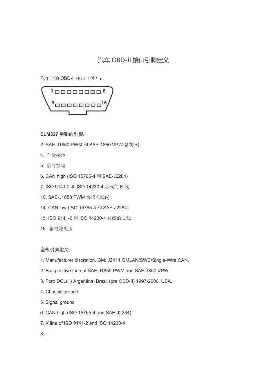 汽车标准OBDⅡ(自诊断接头)针脚定义_第1页