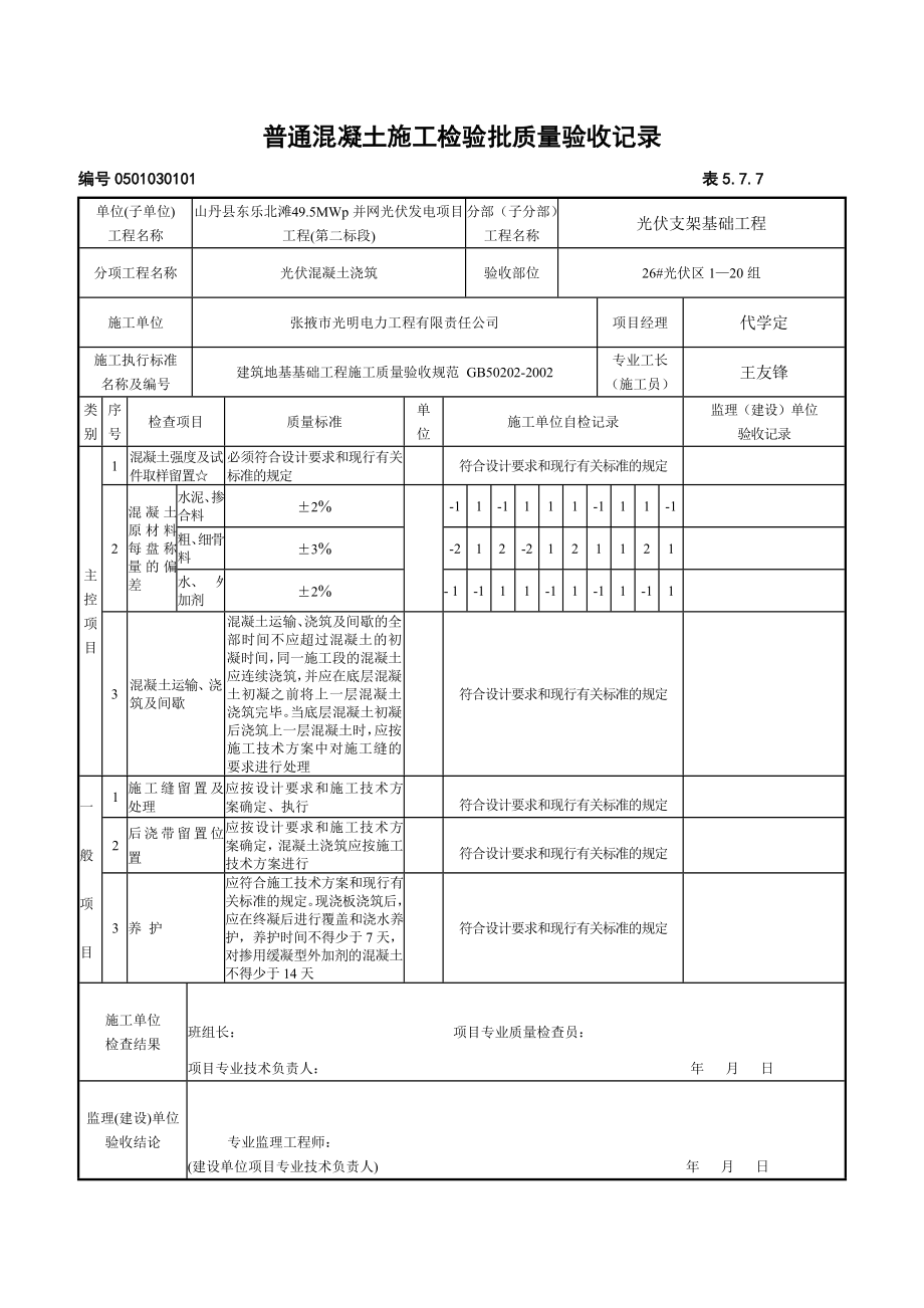 普通混凝土施工检验批质量验收记录_第1页