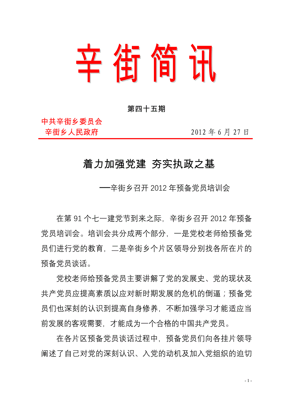 045【辛街简讯】着力加强党建 夯实执政之基_第1页