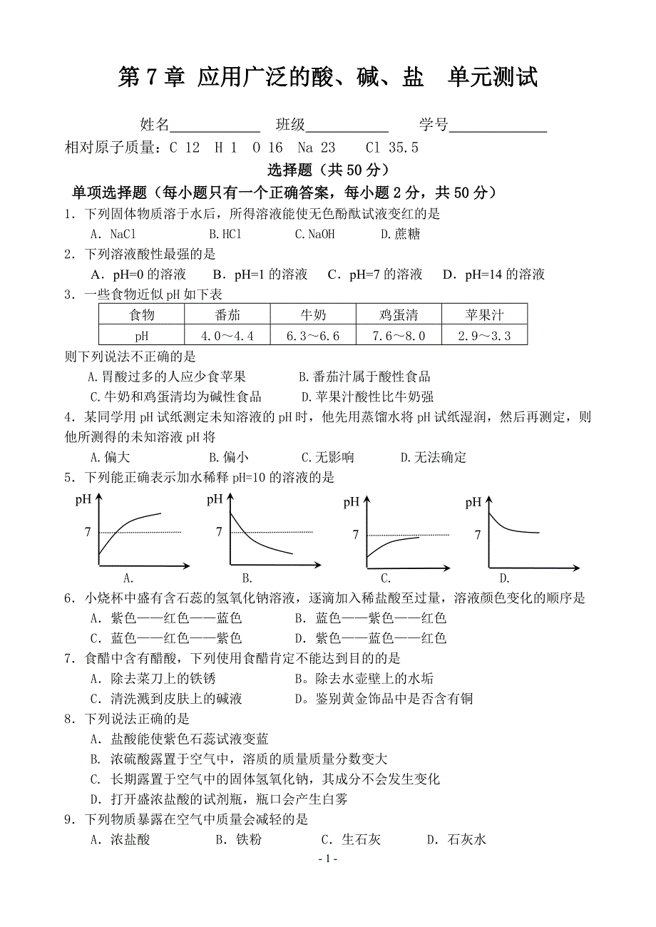 沪教版 第7章应用广泛的酸碱盐测试题_第1页