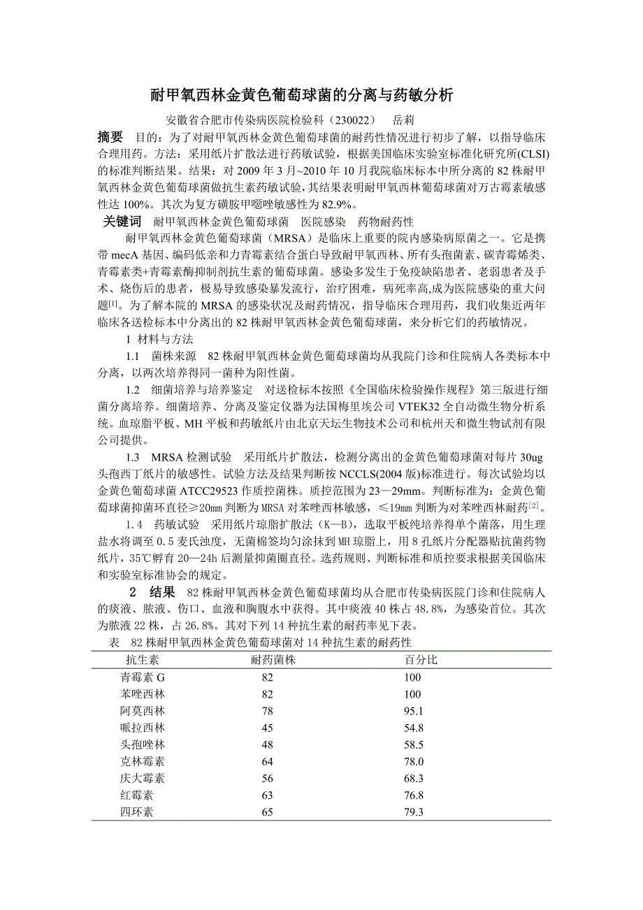 耐甲氧西林金黄色葡萄球菌的分离与药敏分析_第1页