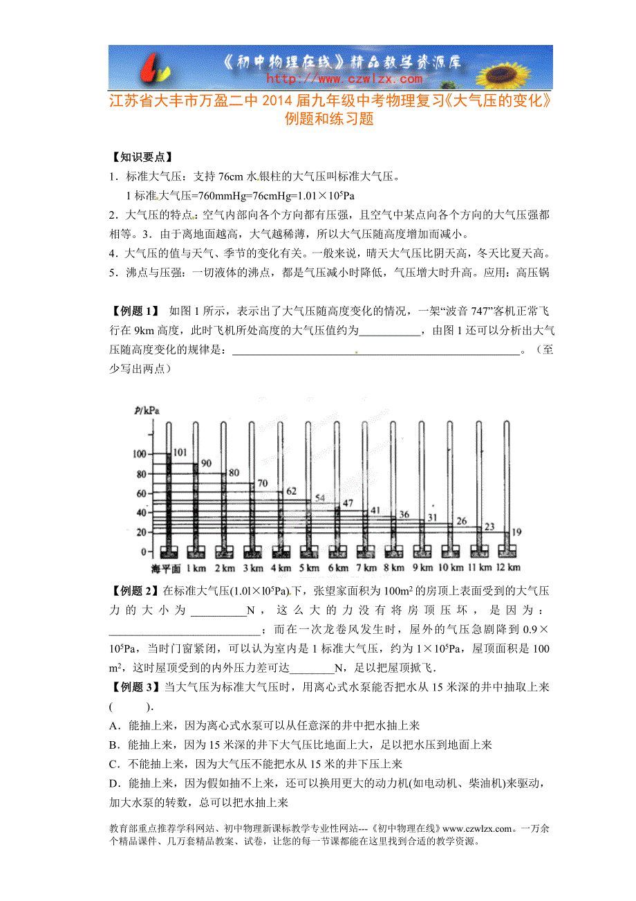 江苏省大丰市万盈二中2014届九年级中考物理复习《大气压的_第1页