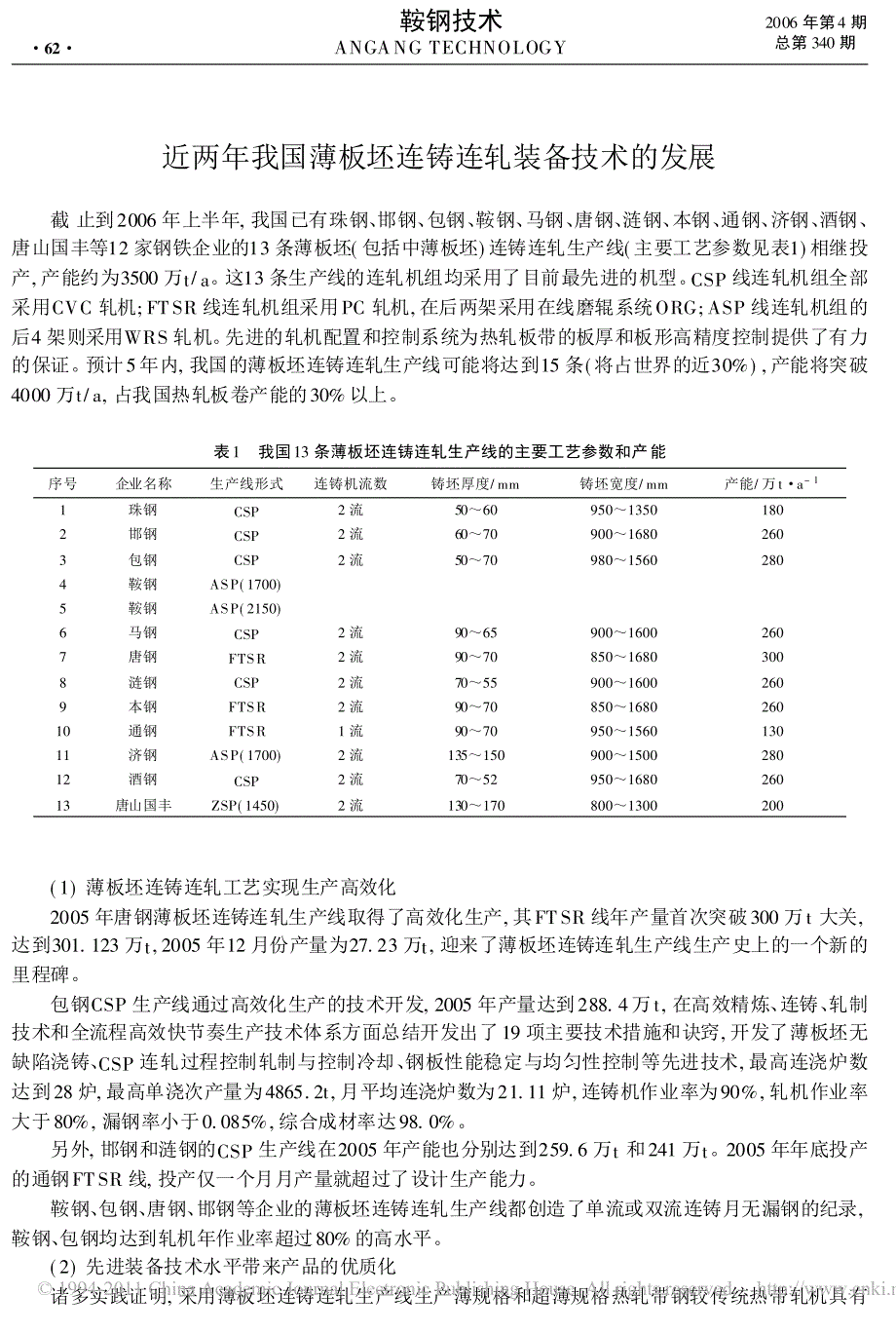 近两年我国薄板坯连铸连轧装备技术的发展_第1页