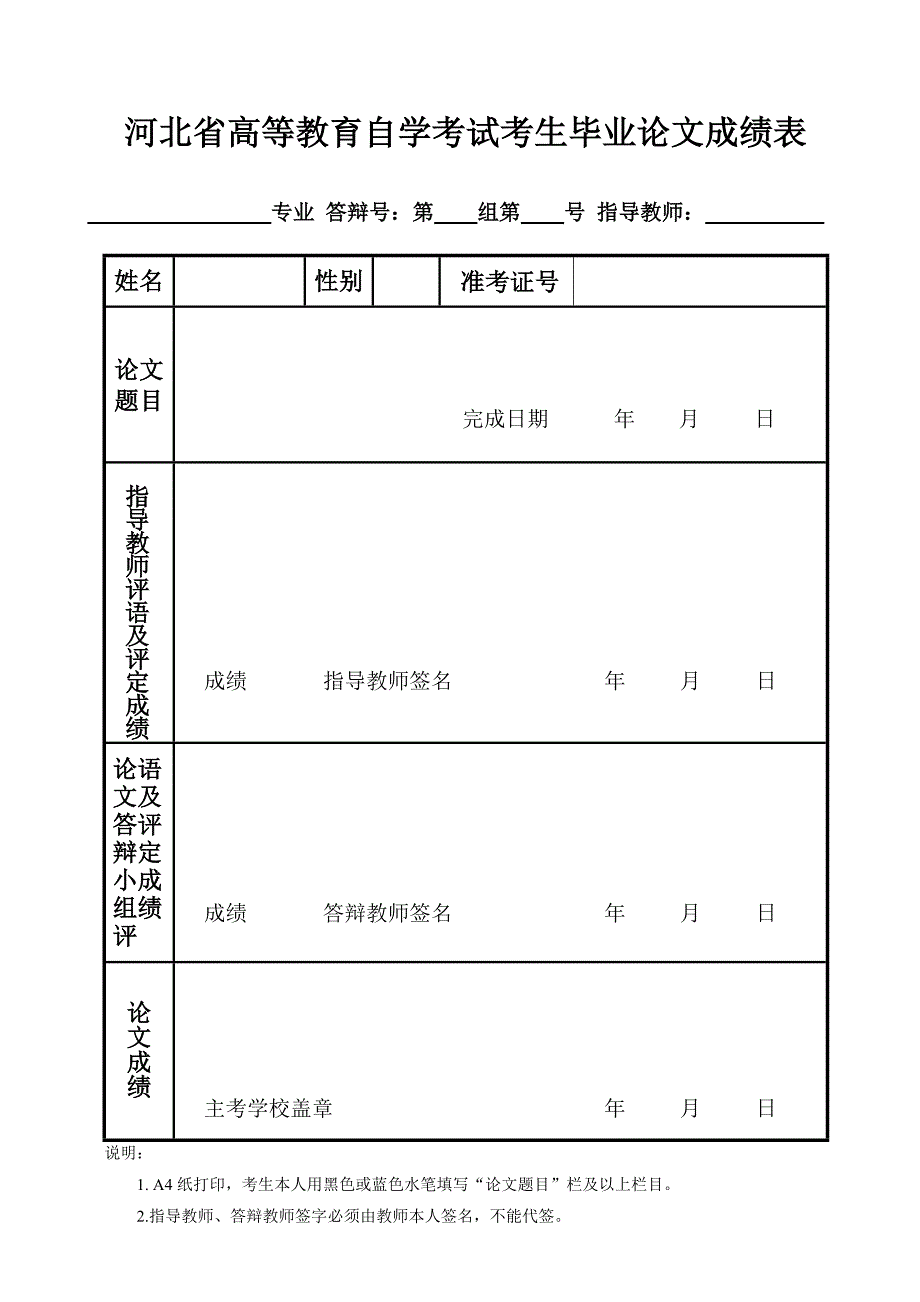 河北省高等教育自学考试考生毕业论文成绩表_第1页