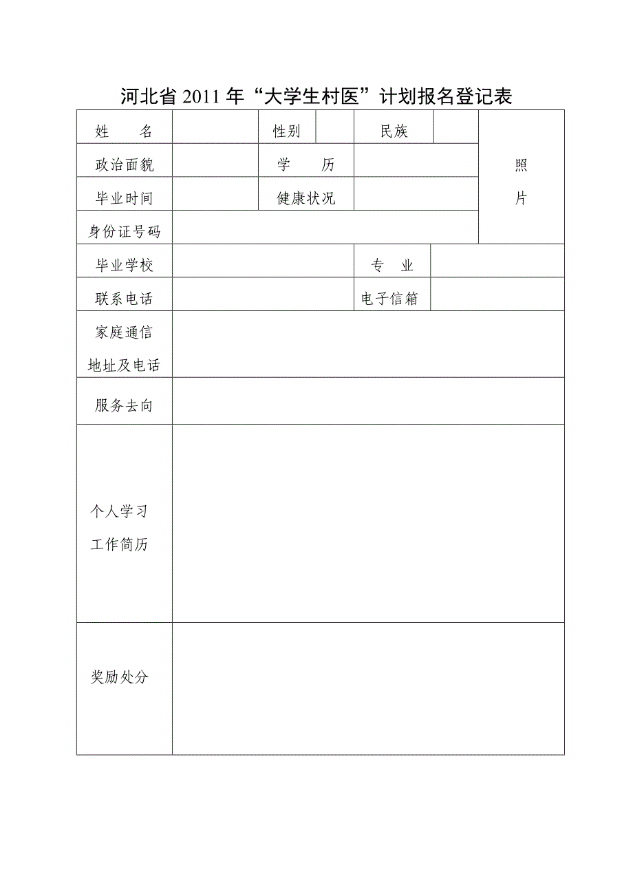 河北省2011年大学生村医计划报名登记表_第1页