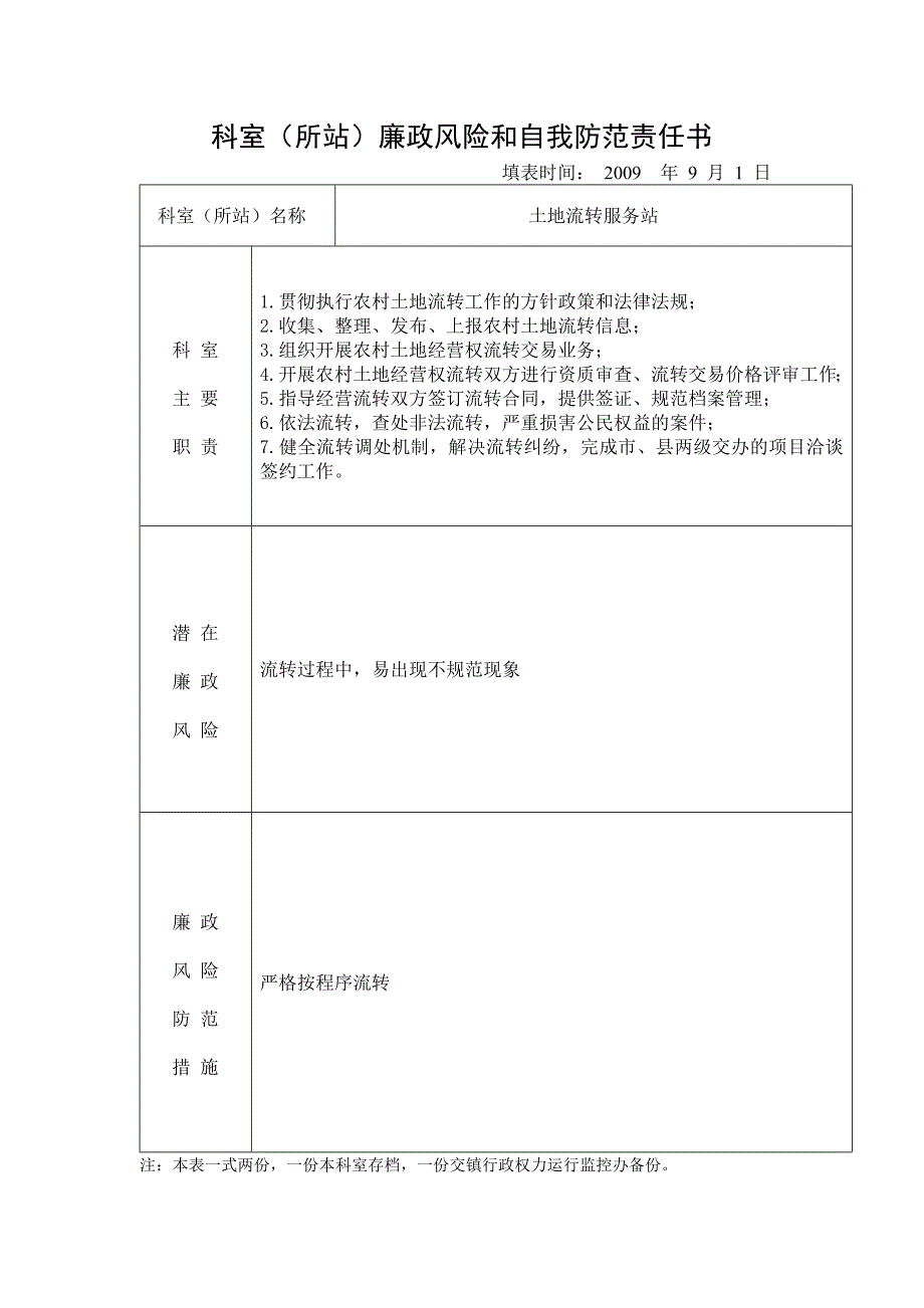 科室所站廉政风险和自我防范责任书_第1页