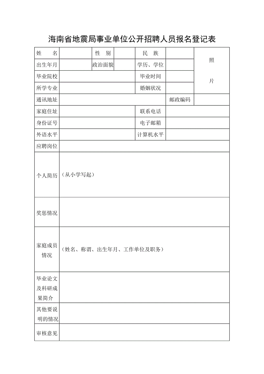 海南省地震局事业单位公开招聘人员报名登记表_第1页