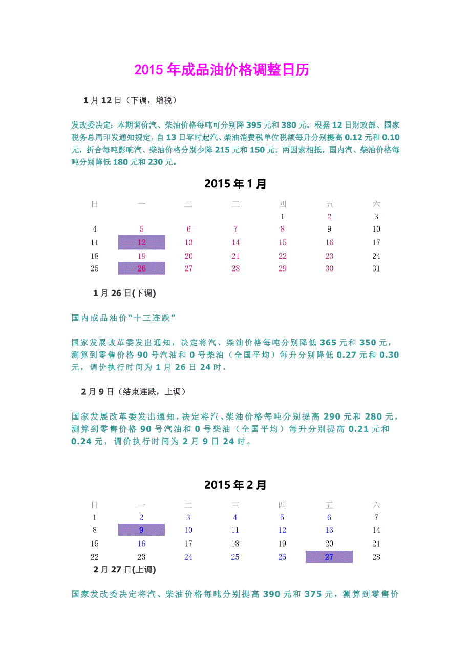 油价调整早知道!2015年成品油价格调整日历_第1页
