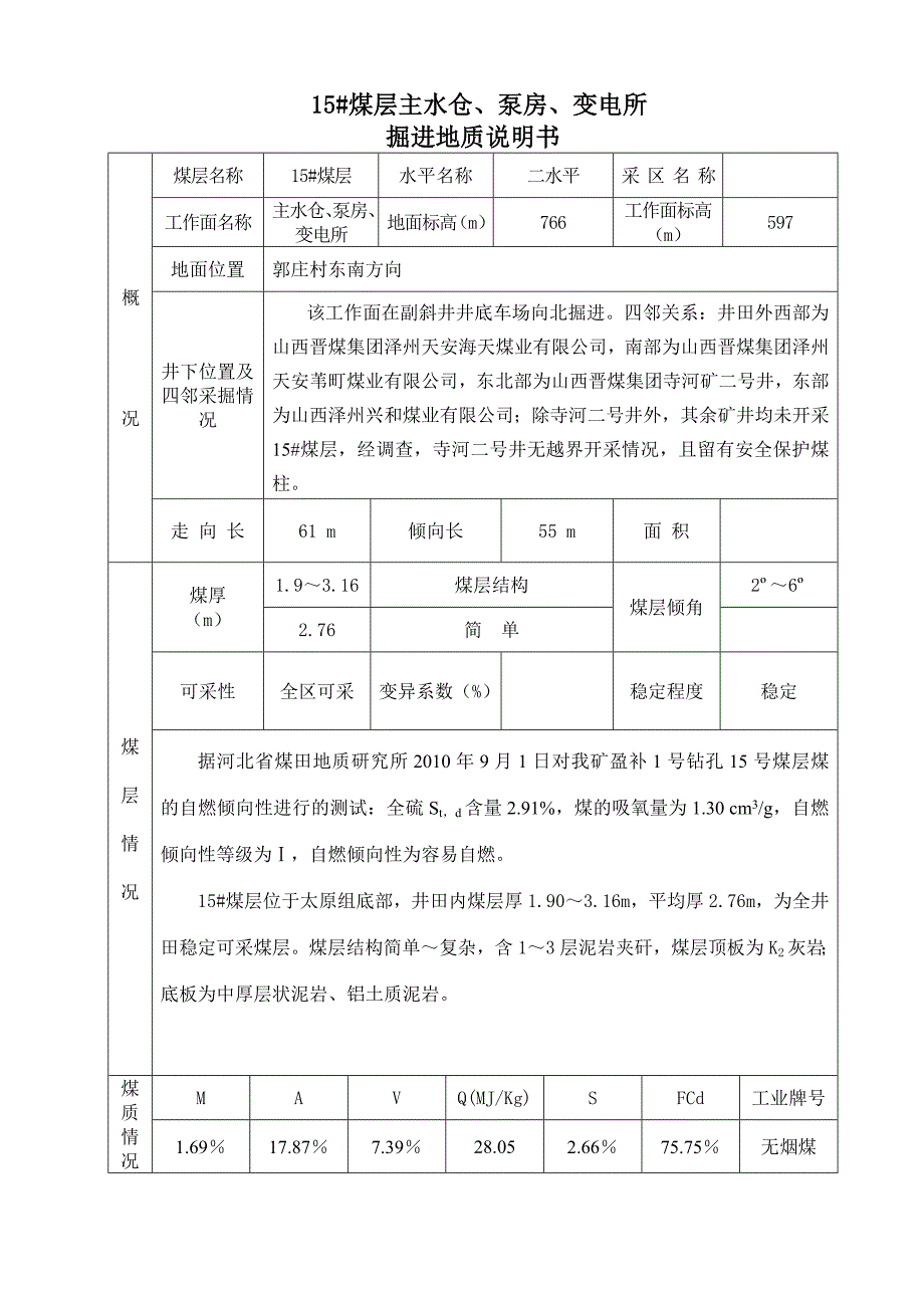 15#煤层主水仓、泵房、变电所掘进地质说明书_第1页