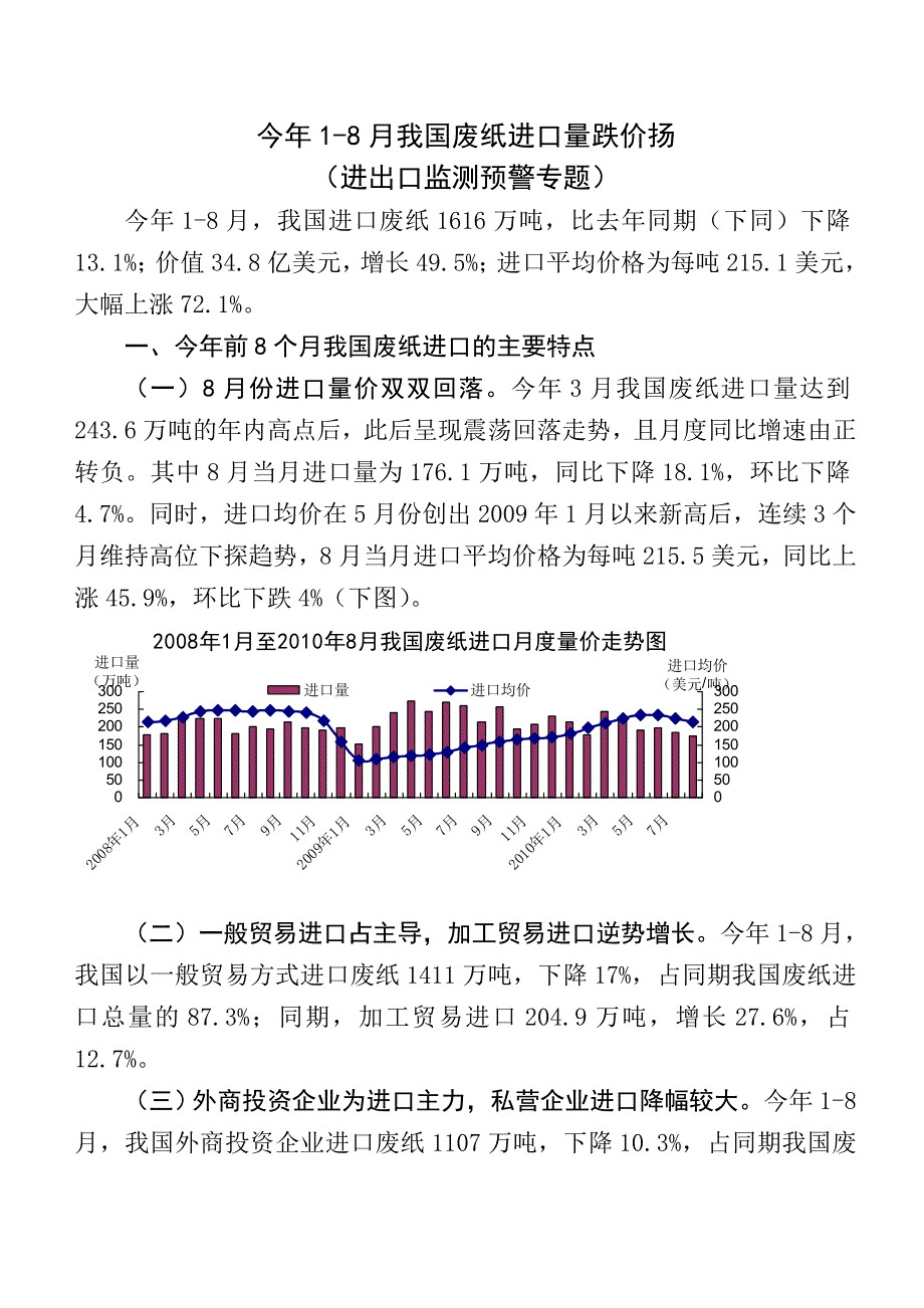 今年前8个月我国废纸进口量跌价扬_第1页