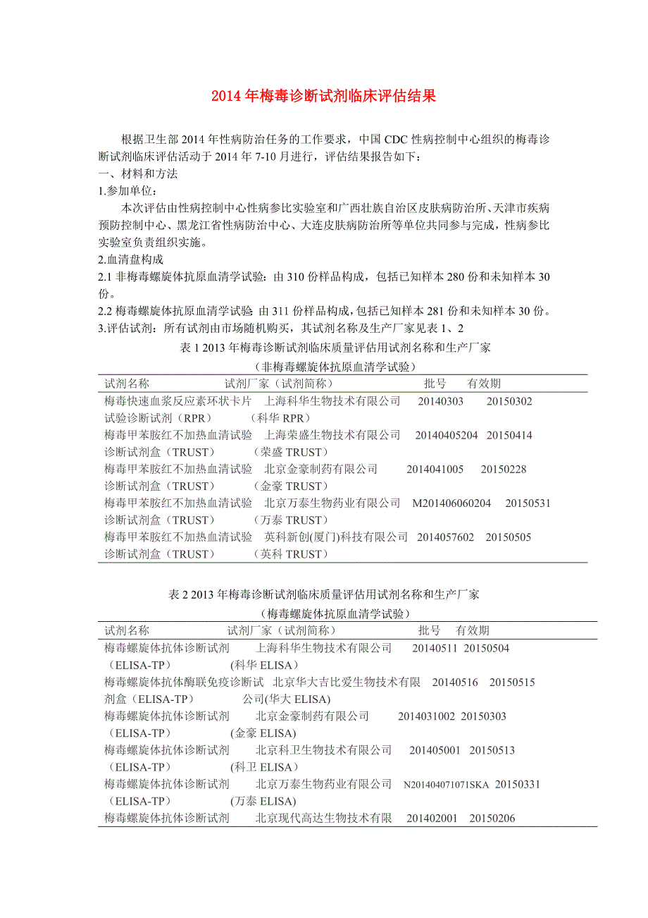 2014年梅毒诊断试剂临床评估结果_第1页