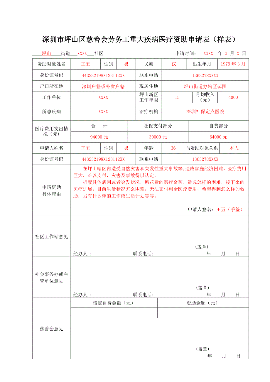 深圳市坪山区慈善会劳务工重大疾病医疗资助申请表（样表）_第1页