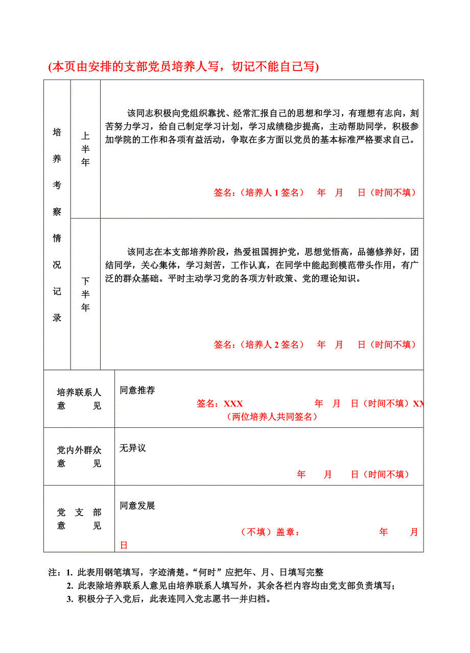 (培养人填写样板)入党积极分子培养考察登记表_第2页