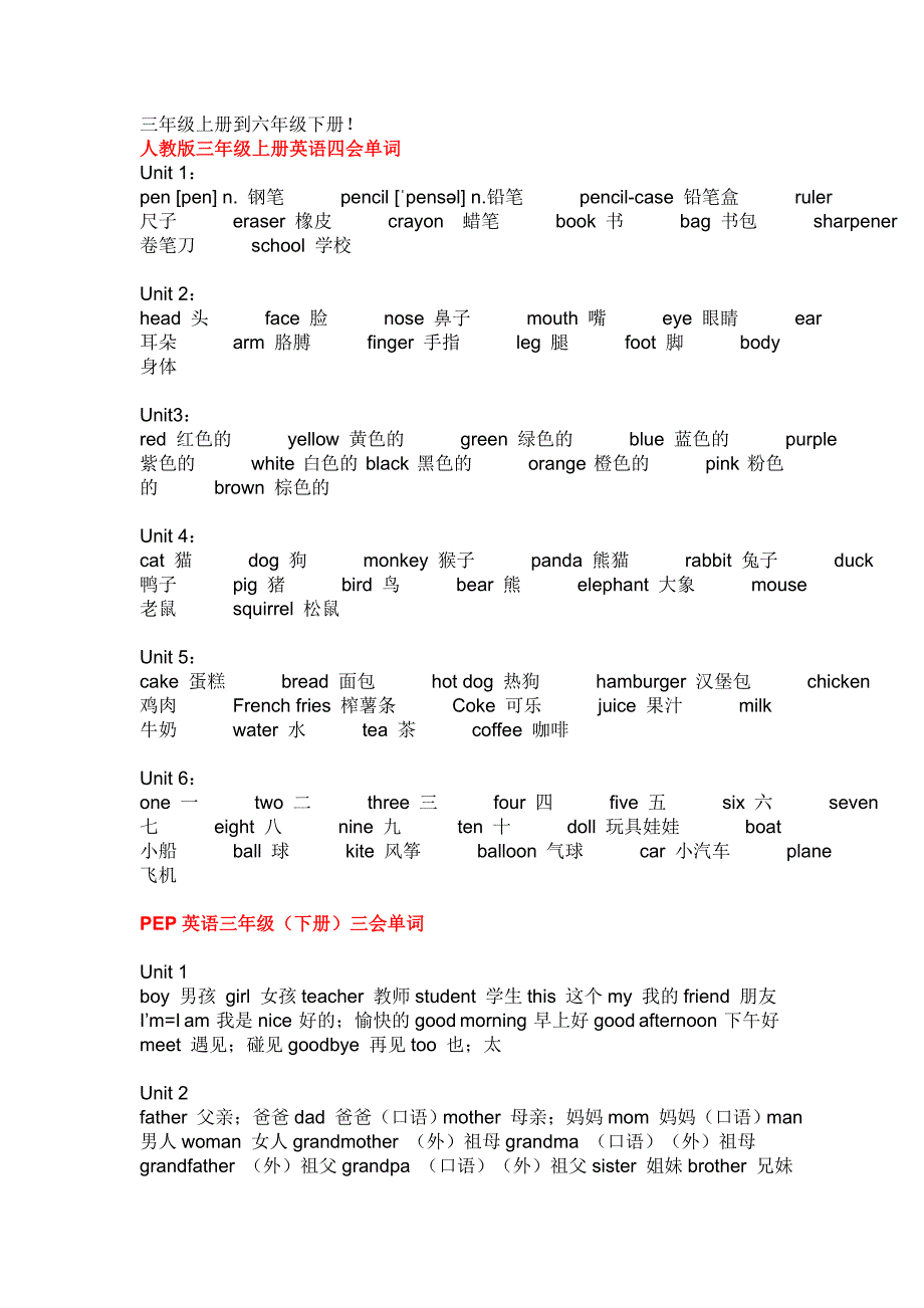 人教版三至六年级单词_第1页