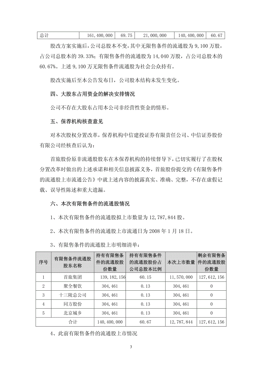 北京首都旅游股份有限公司有限售条件流通股上市流通公告_第3页