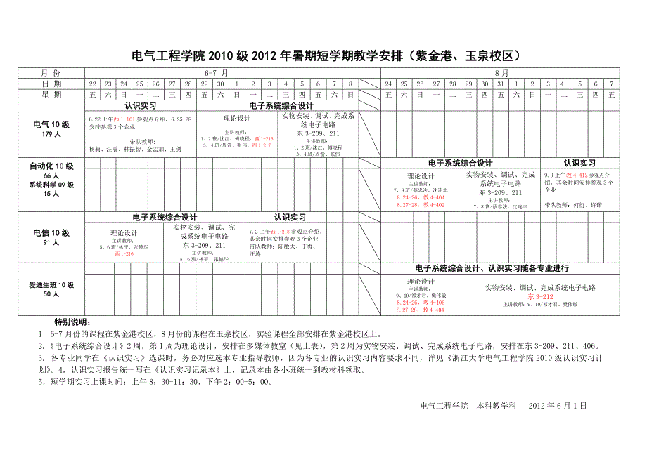 电气工程学院2010级2012年暑期短学期教学安排（紫金港、_第1页