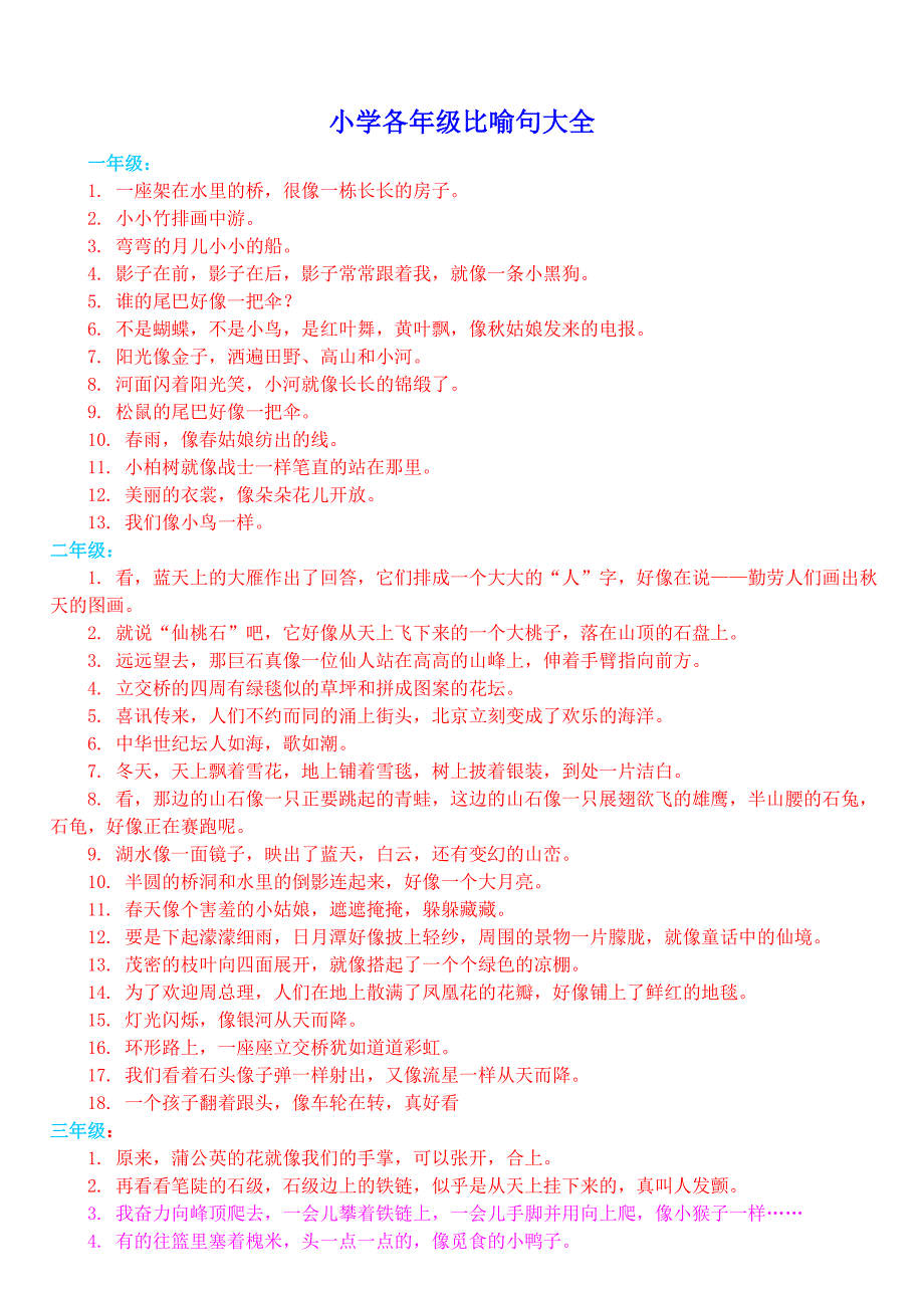 小学各年级比喻句大全_第1页