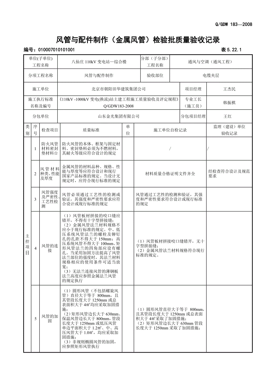 5.22.1 风管与配件制作(金属风管)检验批质量验收记录_第1页