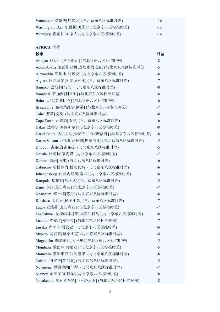 世界主要城市与北京时差表 好_第5页