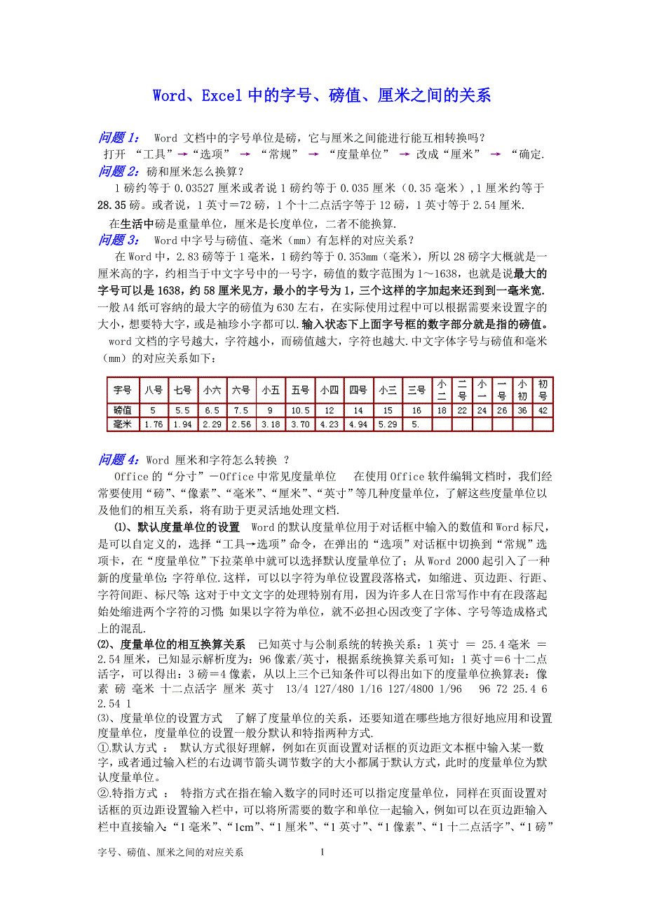 Word、Excel中的字号、磅值、厘米之间的关系_第1页