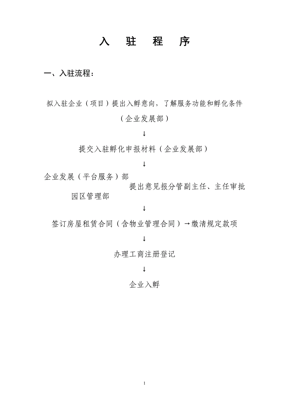入 驻 程 序 一、入驻流程： 拟入驻企业（项目）提出入孵意向，了解_第1页