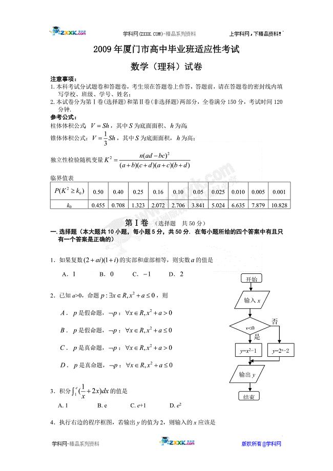 2009年厦门市高中毕业班适应性考试(理数,word)