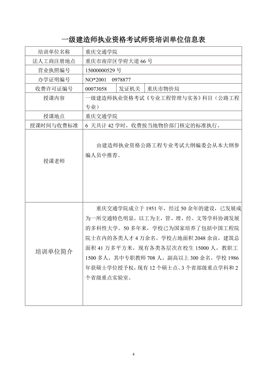 一级建造师执业资格考试师资培训单位信息表_第4页