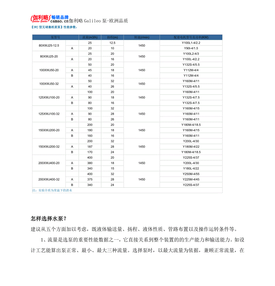 XWJ型无堵塞纸浆泵性能参数_第1页