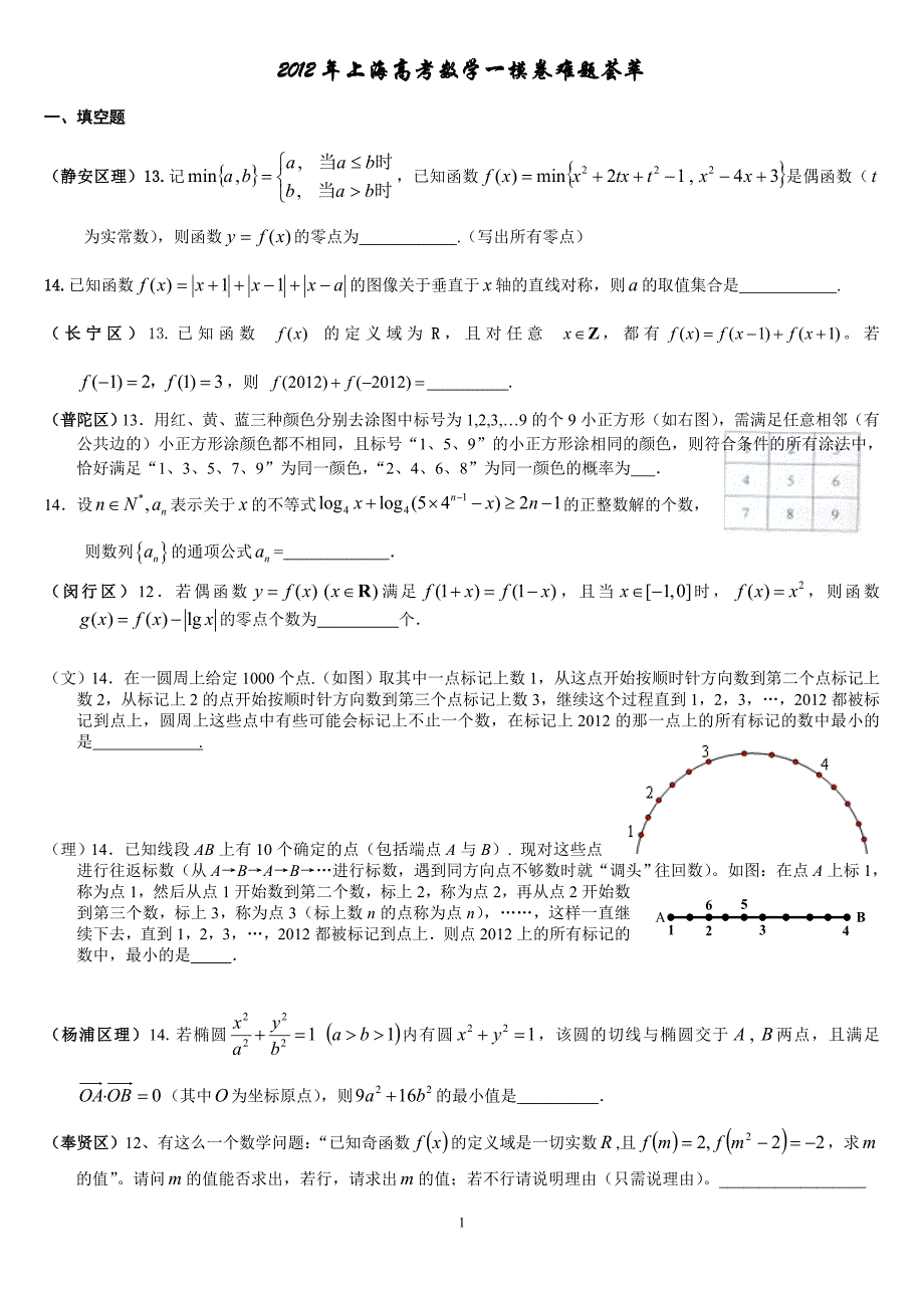 2012年上海一模卷填空、选择难题荟萃_第1页