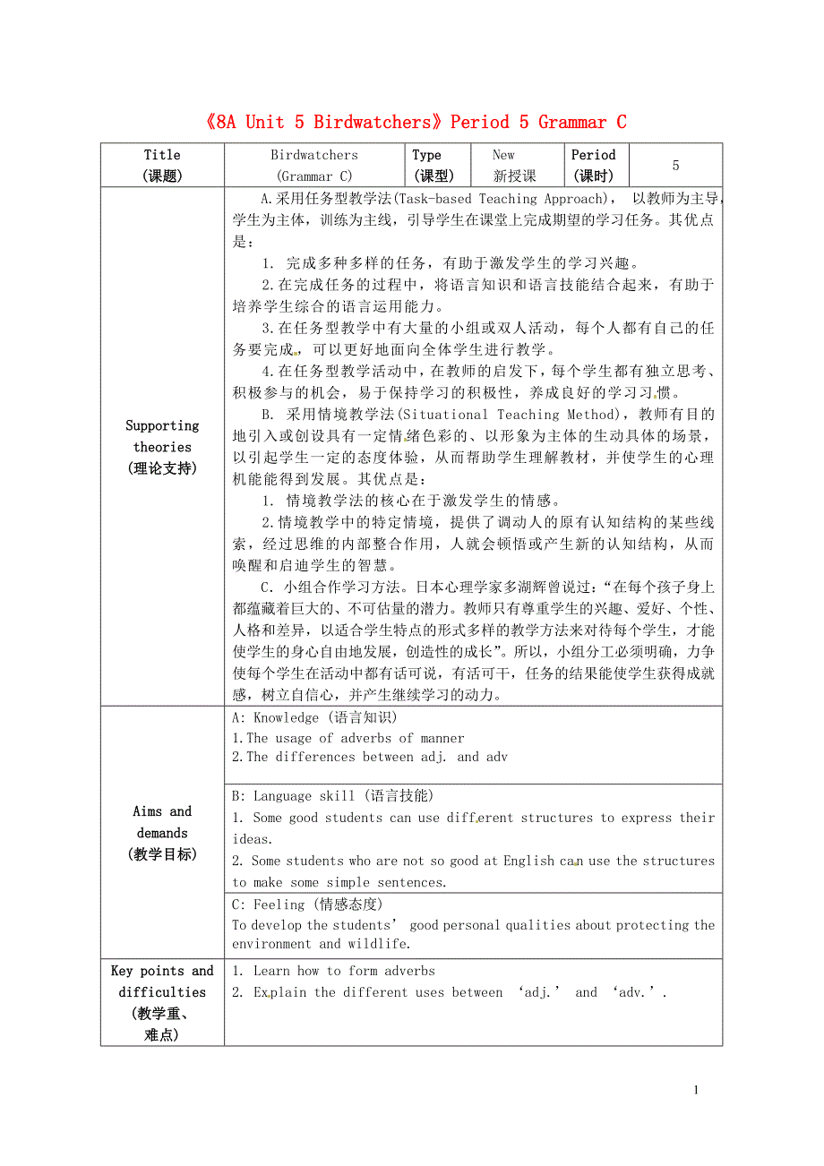 江苏省海安县大公初级中学八年级英语上册《8a unit 5 birdwatchers》period 5 grammar c教案 牛津版_第1页